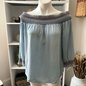 Light Blue Off-Shoulder Blouse with Colorful Embroidery Boho